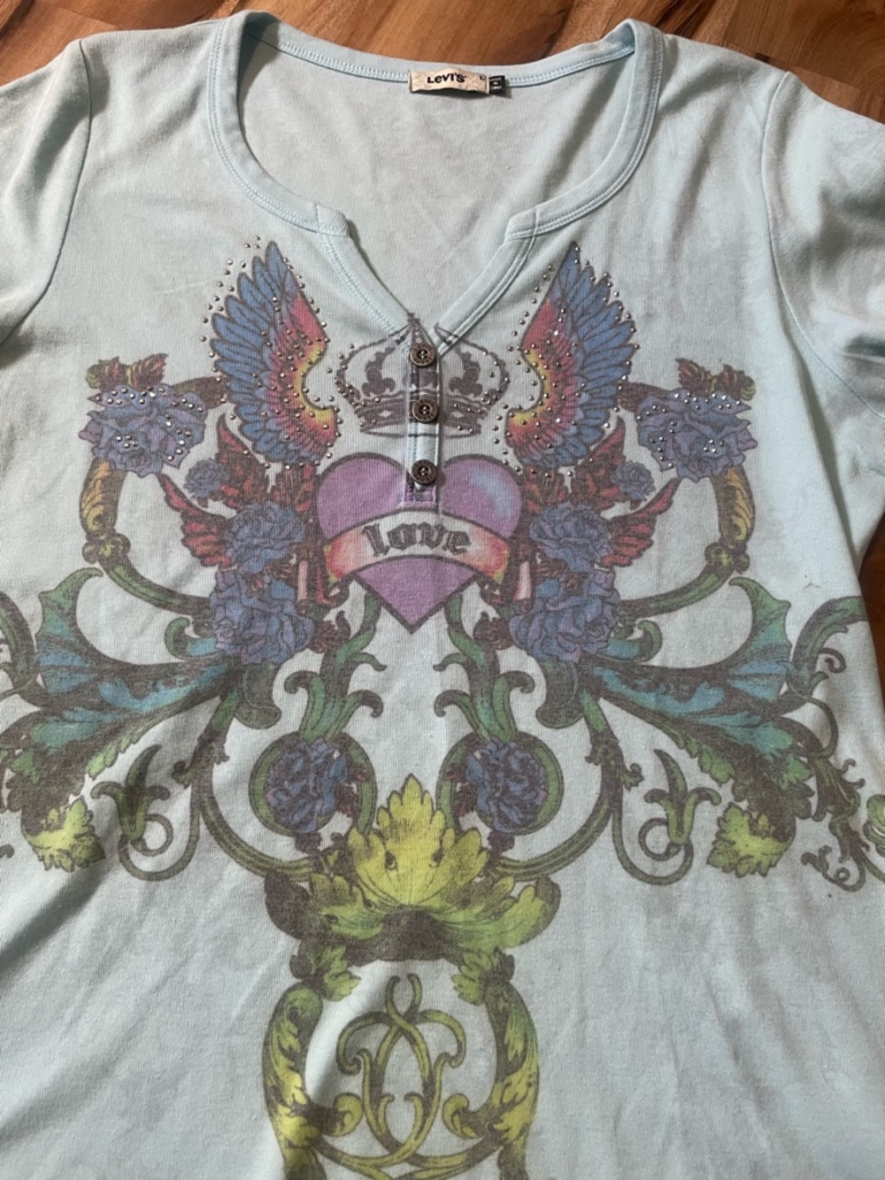 Rare Vintage Levi’s Graphic T-Shirt Blue Y2K Winged Heart Crown Notched Sz L - Picture 3 of 5